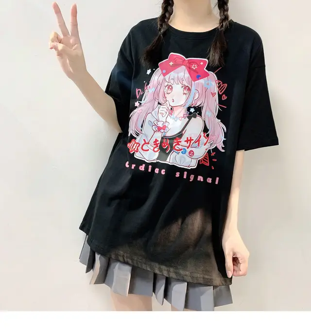 Short sleeved T shirt Female Summer College Style Comic Girl Loose Black - Shop at LoveMi