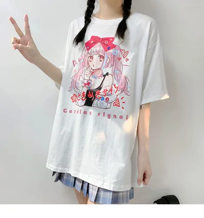 Short sleeved T shirt Female Summer College Style Comic Girl Loose White - Shop at LoveMi