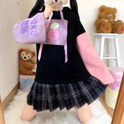 Girl Cute Cat Print Sweater For Fallwinter Students Plus Velvet Thick Hooded Pullover Jacket Black - Shop at LoveMi