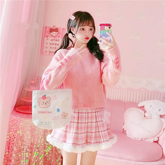 Winter Kawaii Pleated Mini Skirt Women Korean Fashion Plaid Pink - Shop at LoveMi