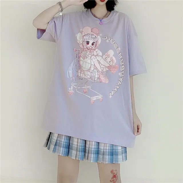 Printed Short sleeved Soft Girl Loose Student Half sleeved T shirt Women Purple - Shop at LoveMi