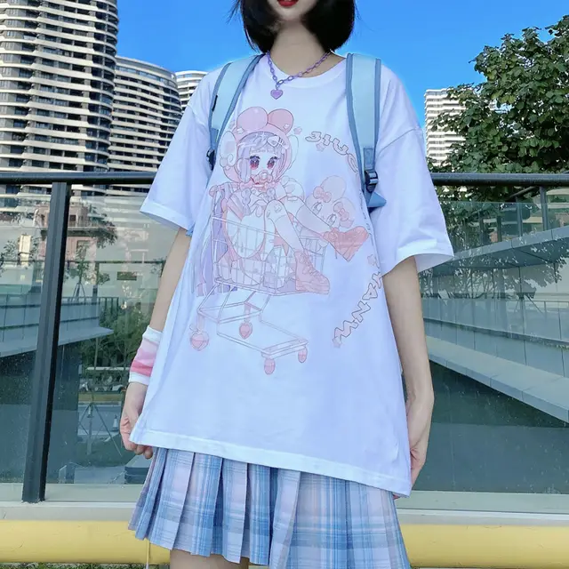 Printed Short sleeved Soft Girl Loose Student Half sleeved T shirt Women White - Shop at LoveMi