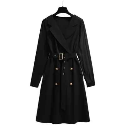 Women's French Temperament Chiffon Stitching Suit Tie Tie Waist Mid length Dress Black - Shop at LoveMi