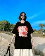 Love Print Short-sleeved Loose Student Super Fire Creative T-shirt Women - Black
