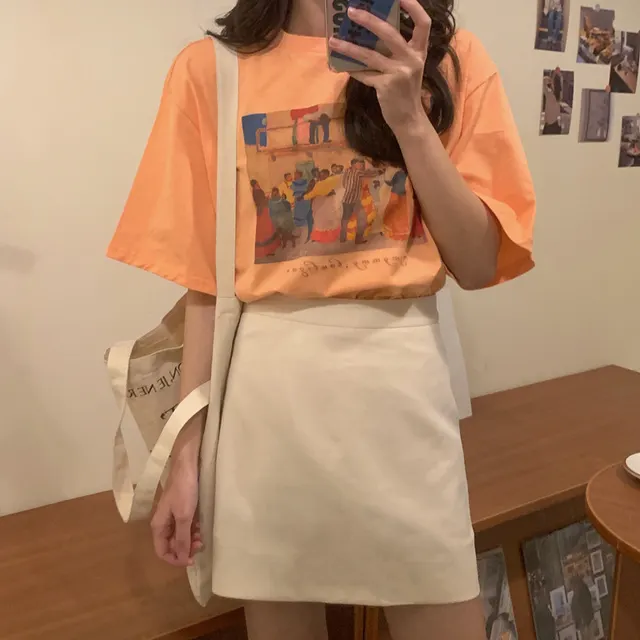 Short Sleeve T shirt Women Loose Niche Design Considerate Japanese Portrait Top Orange - Shop at LoveMi