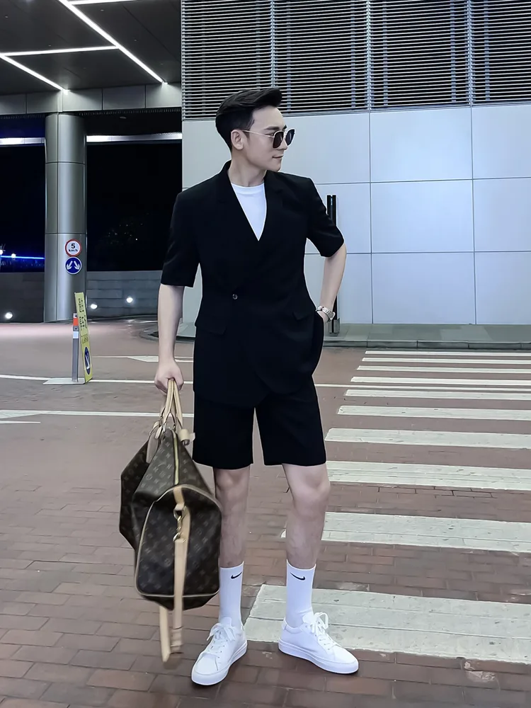 Men's Solid Color Short sleeved Shorts Suits, Trendy Men's High profile Solid Color Suits Black - Shop at LoveMi