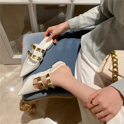 Baotou Half Drag Fashion Mid heel Thick heel Lazy Shoes Net Infrared Wear Sandals And Slippers Women Beige - Shop at LoveMi