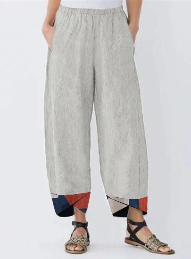 Ladies Casual Pants Positioning Printed Cotton And Linen Trousers Apricot - Shop at LoveMi