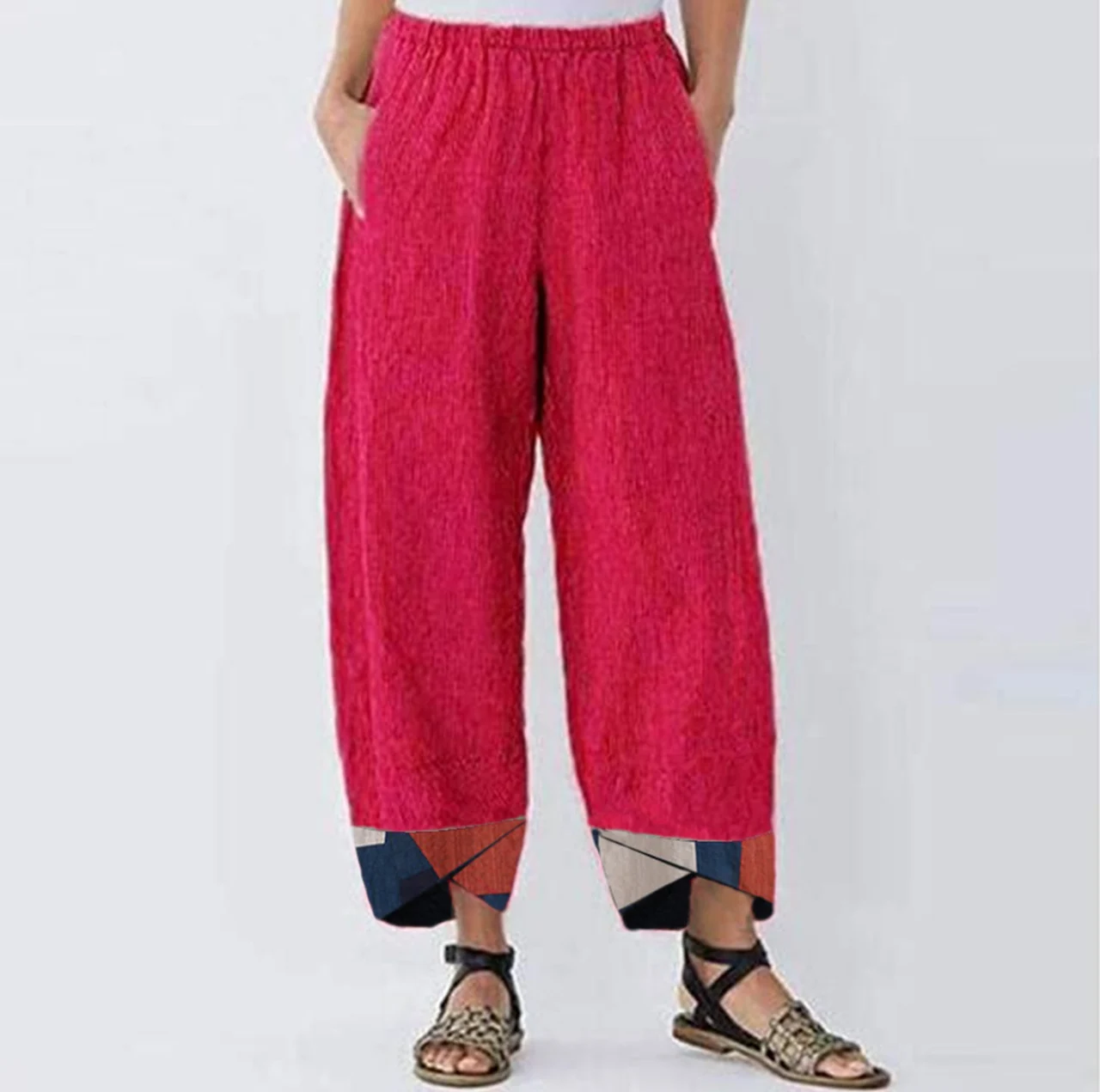 Ladies Casual Pants Positioning Printed Cotton And Linen Trousers - Red