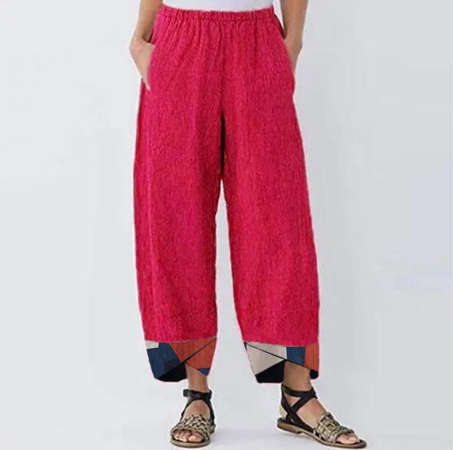 Ladies Casual Pants Positioning Printed Cotton And Linen Trousers Red - Shop at LoveMi