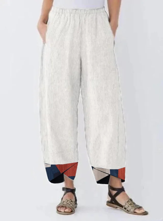Ladies Casual Pants Positioning Printed Cotton And Linen Trousers White - Shop at LoveMi
