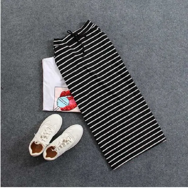 Black And White Striped Casual Pocket Mid length Bag Hip Skirt Black - Shop at LoveMi