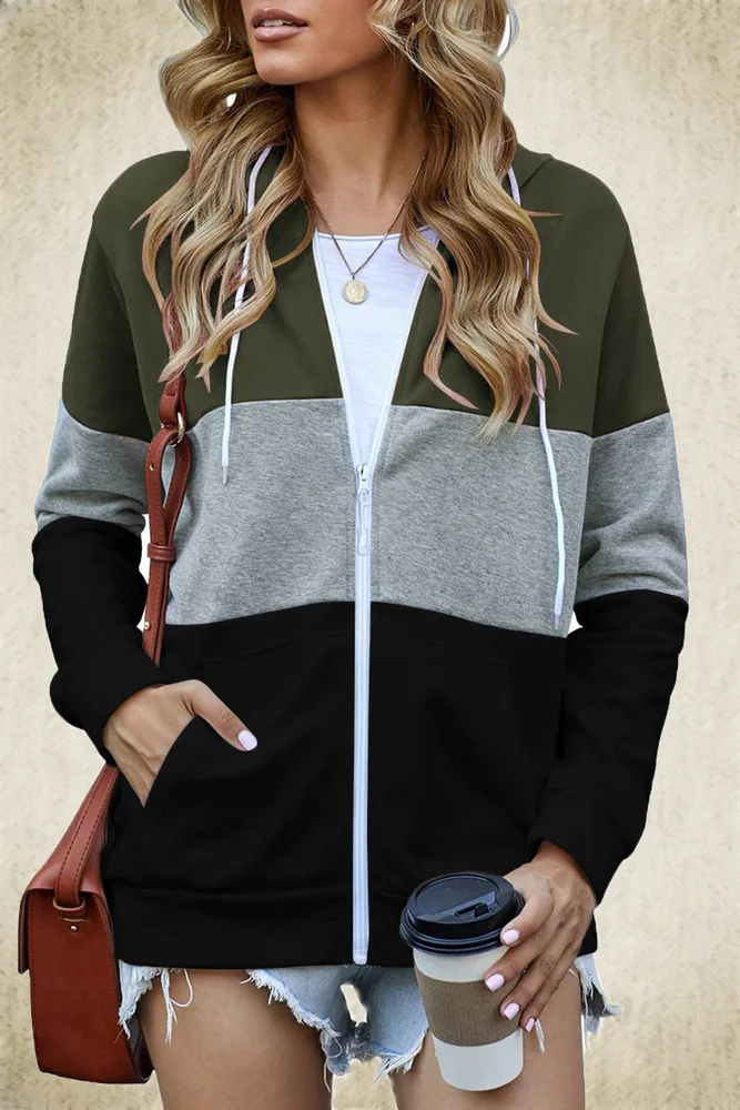 Autumn And Winter New Style European And American Long-sleeved Contrast Color Hooded Sweater Women Zipper Pocket Cardigan Jacket - Army Green