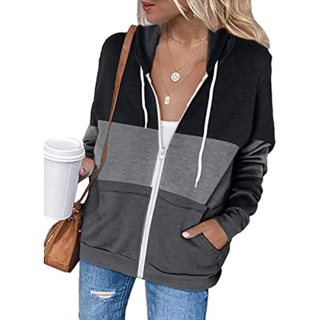 Autumn And Winter New Style European And American Long sleeved Contrast Color Hooded Sweater Women Zipper Pocket Cardigan Jacket Black - Shop at LoveMi