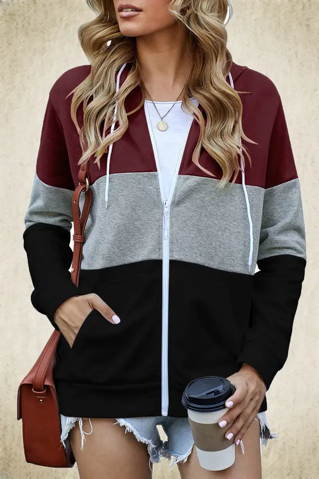 Autumn And Winter New Style European And American Long sleeved Contrast Color Hooded Sweater Women Zipper Pocket Cardigan Jacket Wine Red - Shop at LoveMi