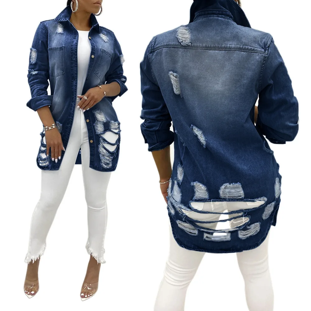 Cross-border Denim Jacket Ripped Sexy - Dark Blue