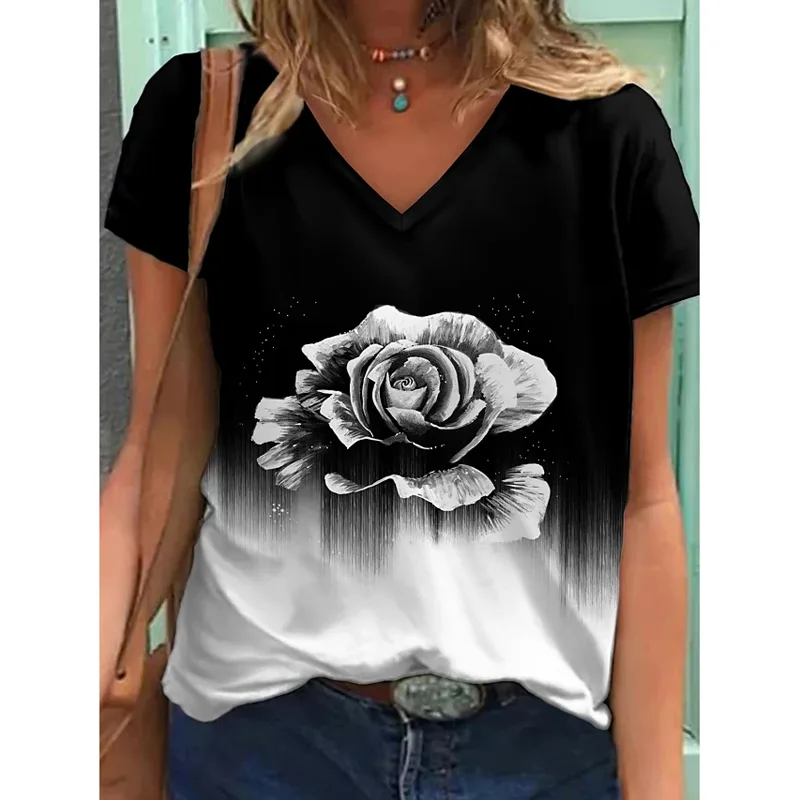Crew Neck Abstract Retro Print Street Short Sleeved Loose V Neck T Shirt 4.Style 2Xl - Shop at LoveMi