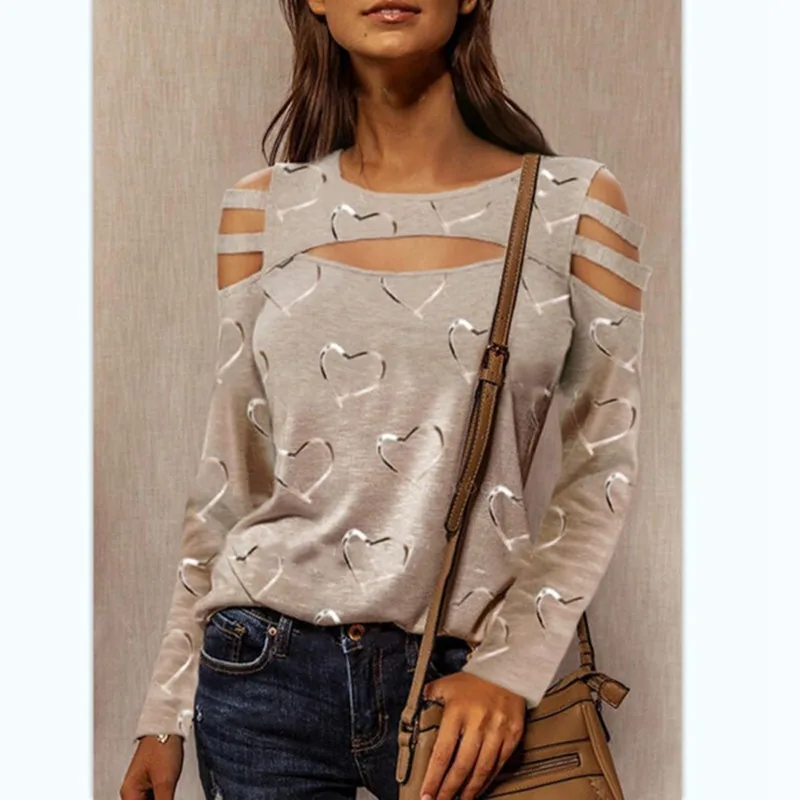 New Style European And American Love Printing Long-sleeved Casual Top T-shirt Women - Beige