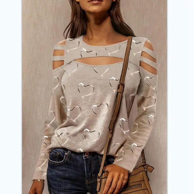 New Style European And American Love Printing Long sleeved Casual Top T shirt Women Beige - Shop at LoveMi
