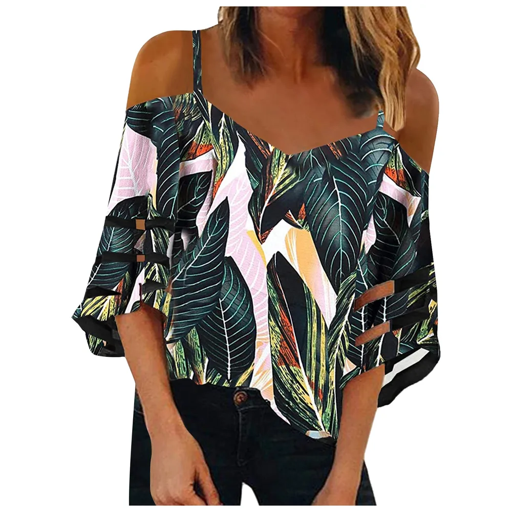 Flared Sleeve V neck Printed Off Shoulder Sling Top Leaf - Shop at LoveMi