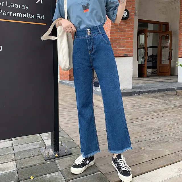 High Waist Wide Leg Plus Size Jeans Women's Clothing Dark Blue - Shop at LoveMi