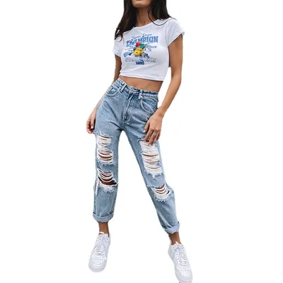 Women's Jeans Ripped Holes Show Thinness Jeans Women's Trousers Trousers Blue - Shop at LoveMi