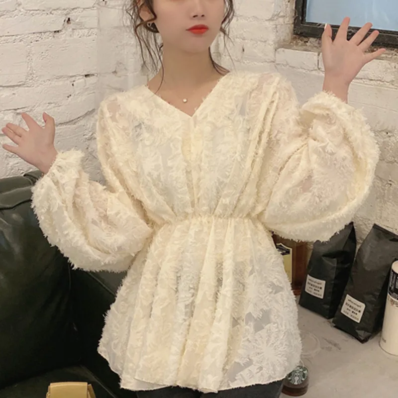 Plus Size Women Loose V neck Waist Top Plus Size Sister Super Fairy Lace Bottoming Shirt Tide Apricot - Shop at LoveMi