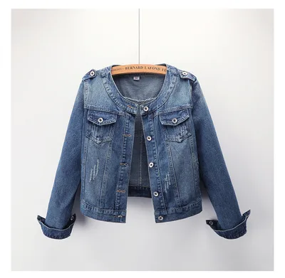 The Round Neck Casual Short Jacket Plus Size Denim Jacket Female Students Blue - Shop at LoveMi