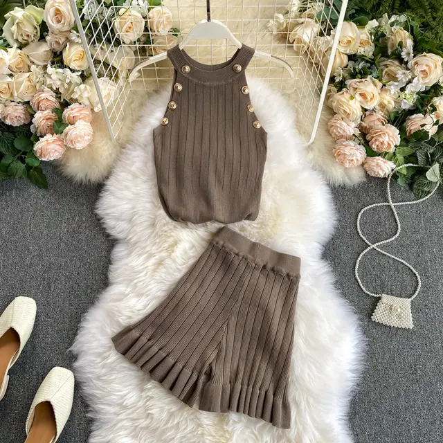 Short Waist Trousers Camisole Vest Off the shoulder Sling All match High knit Suit Brown - Shop at LoveMi