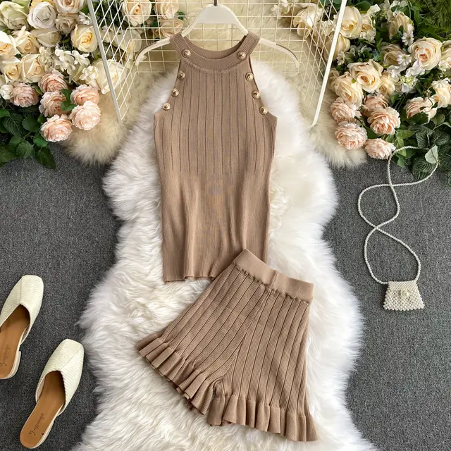 Short Waist Trousers Camisole Vest Off the shoulder Sling All match High knit Suit Khaki - Shop at LoveMi
