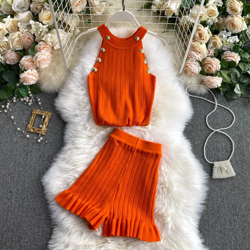 Short Waist Trousers Camisole Vest Off the shoulder Sling All match High knit Suit Orange - Shop at LoveMi