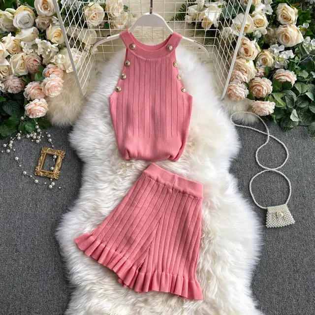 Short Waist Trousers Camisole Vest Off the shoulder Sling All match High knit Suit Pink - Shop at LoveMi