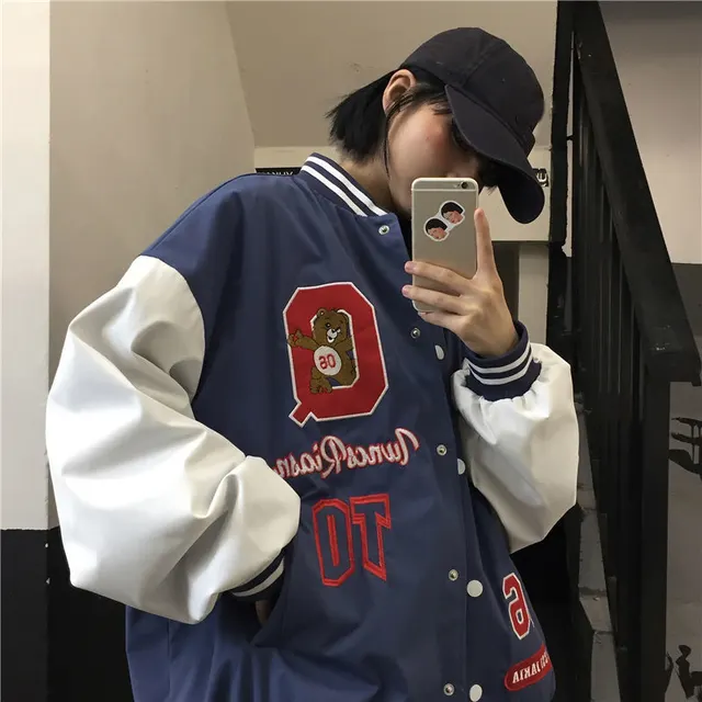 Korean Version Ins Wind Loose Bear Baseball Uniform Jacket Couple Top Tide Blue With Lining - Shop at LoveMi