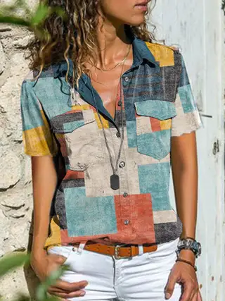 Summer Women's Lapel Single-Breasted Loose Casual Short-Sleeved Pocket Shirt - 3.Style