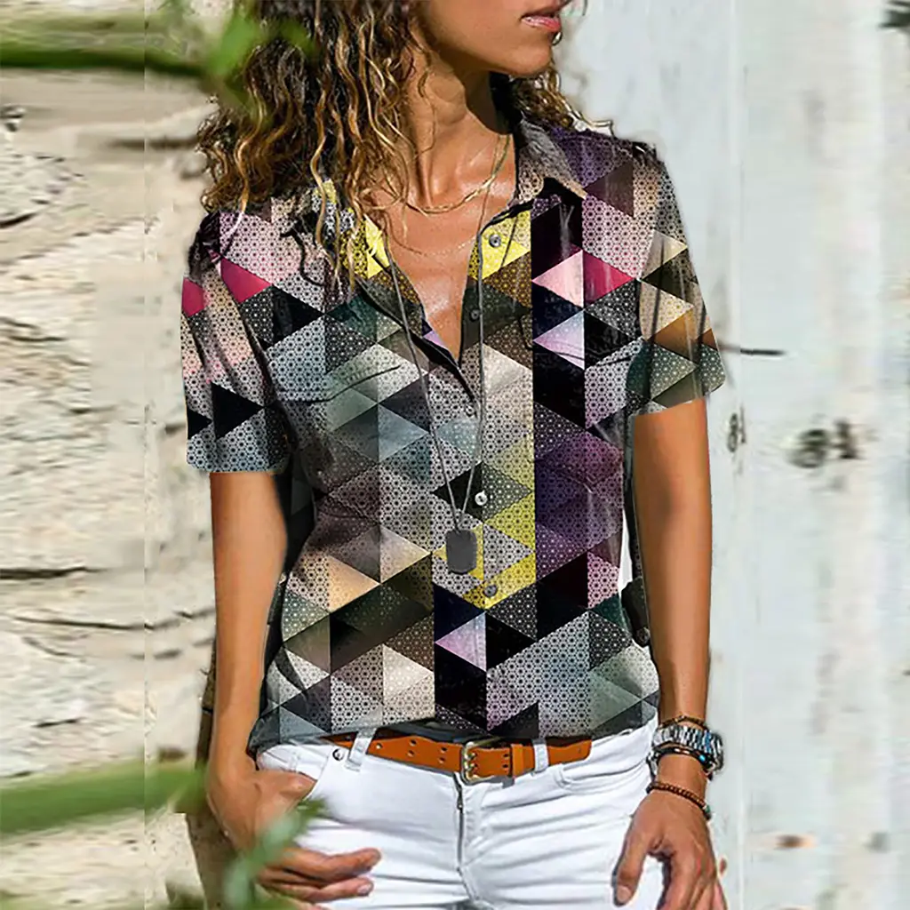 Summer Women's Lapel Single-Breasted Loose Casual Short-Sleeved Pocket Shirt - 5.Style