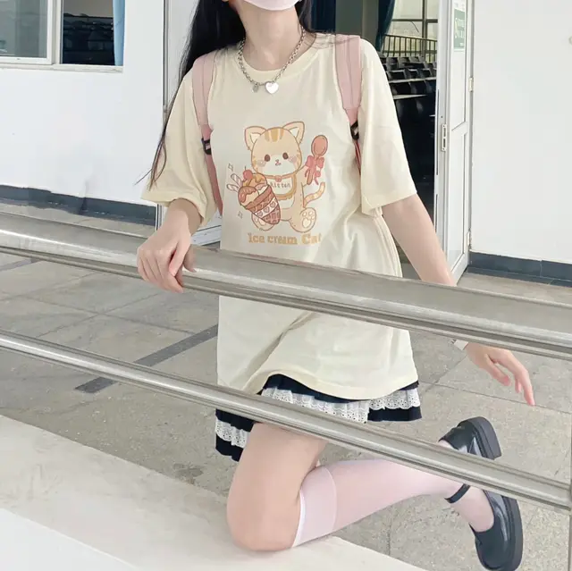 Sweet Cone Meow Meow T shirt Summer Cute Cartoon Cat Print Loose Apricot - Shop at LoveMi