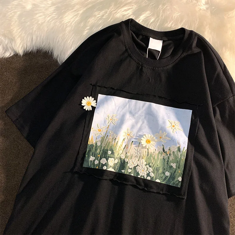 Flower Short sleeved T shirt Women Loose Retro Design Three dimensional Daisy Top Black - Shop at LoveMi