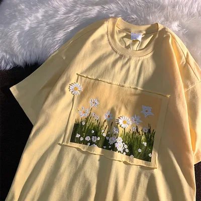 Flower Short sleeved T shirt Women Loose Retro Design Three dimensional Daisy Top Yellow - Shop at LoveMi