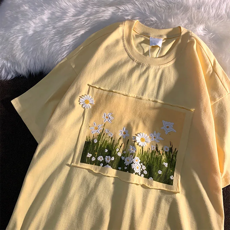 Flower Short sleeved T shirt Women Loose Retro Design Three dimensional Daisy Top Yellow - Shop at LoveMi