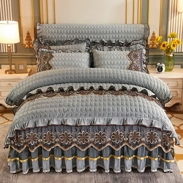 European Style Quilted Thick Plus Velvet Duvet Cover Bed Skirt Four piece Suit Grey - Shop at LoveMi