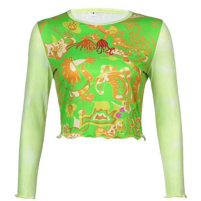 New Printed Long sleeved T shirt Women Short Green - Shop at LoveMi