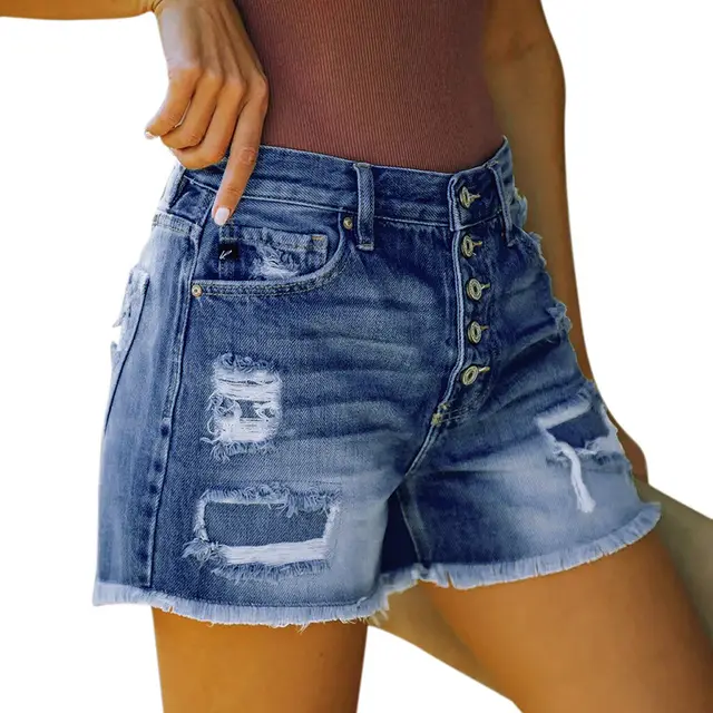 Explosive Hole Flow Patch Ladies High Stretch Denim Shorts Dark Blue - Shop at LoveMi