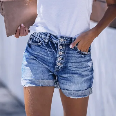 New Super Hot Blast Model Elastic Hole Ladies Denim Shorts Blue - Shop at LoveMi