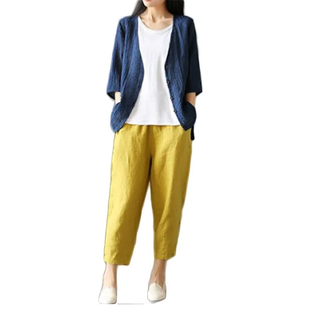 Loose Cotton And Linen Pants Summer Thin Harem Pants Yellow - Shop at LoveMi