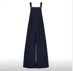 Cotton And Linen Solid Colour Suspenders Long Wide-leg Jumpsuit - Black