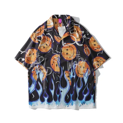 Summer Cashew Flower Shirt Men's Short sleeved Shirt High Street Loose Wild Tide Brand Ins Hip Hop Casual Tide Smiley Xl - Shop at LoveMi