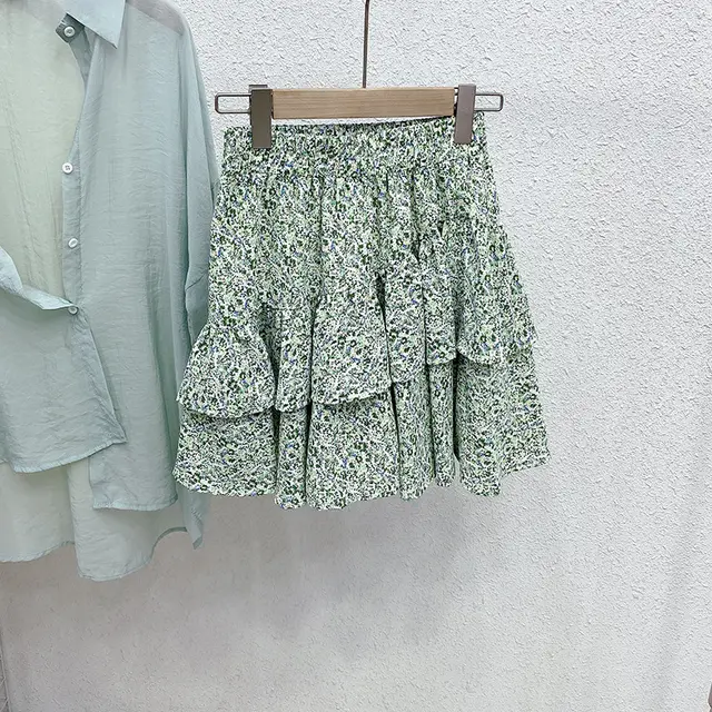 Elastic High Waist Small Floral Cake Skirt Skirt Green - Shop at LoveMi