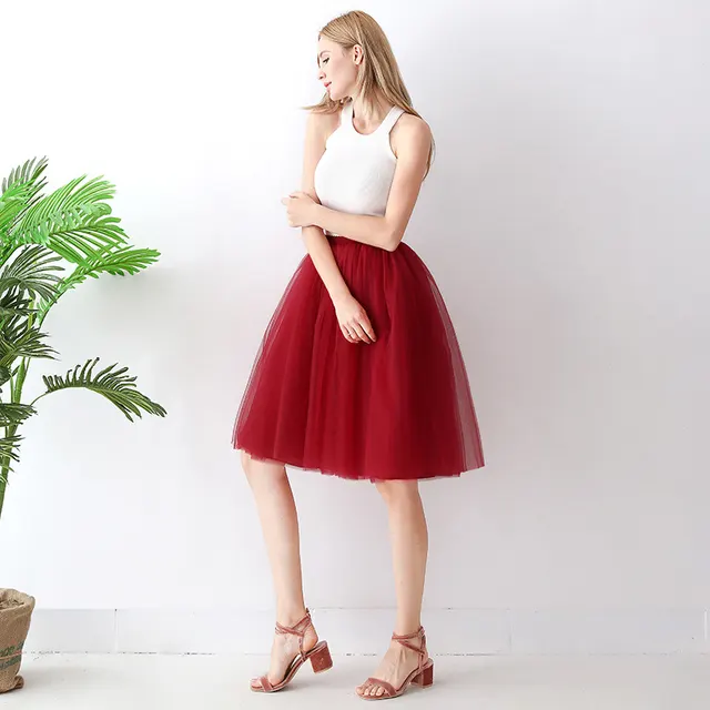 Puff Skirt Pleated Skirt Mesh Skirt Adult Skirt A Line Skirt Wine Red - Shop at LoveMi