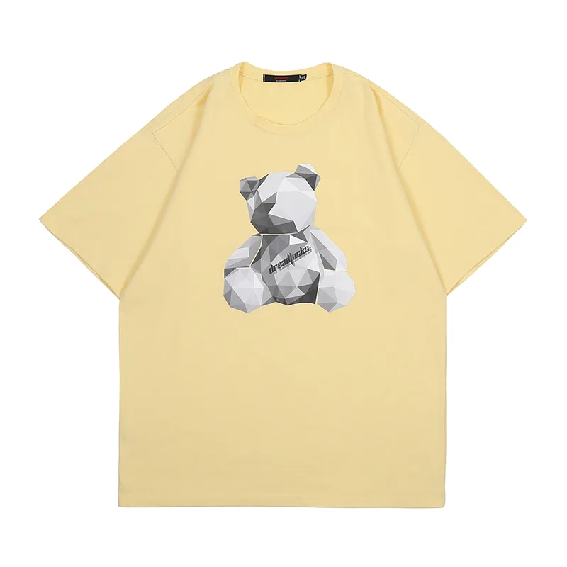 Summer Tide Brand Harajuku Style Ins Diamond Bear Print Short sleeved T shirt Yellow - Shop at LoveMi