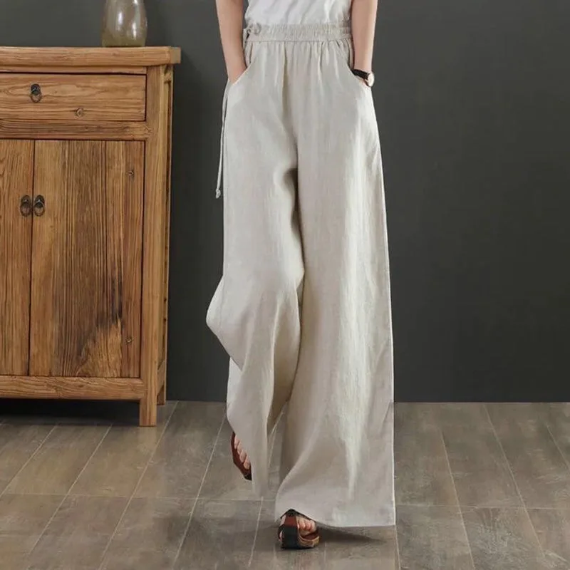 Loose Plus Size Casual Cropped Linen Wide leg Pants Apricot - Shop at LoveMi